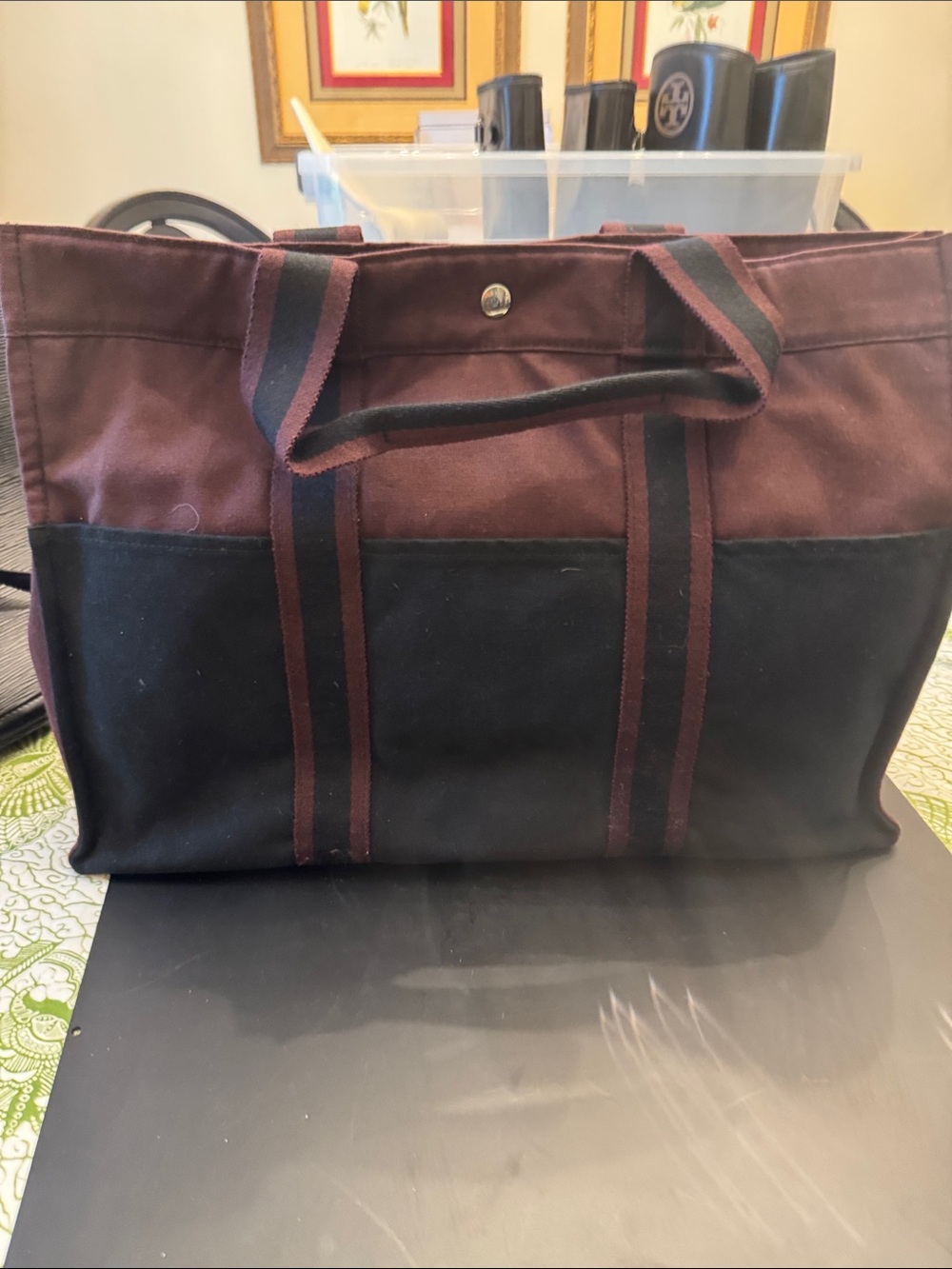 Hermes Two-Tone Canvas Duffel Bag - Black and Burgundy
